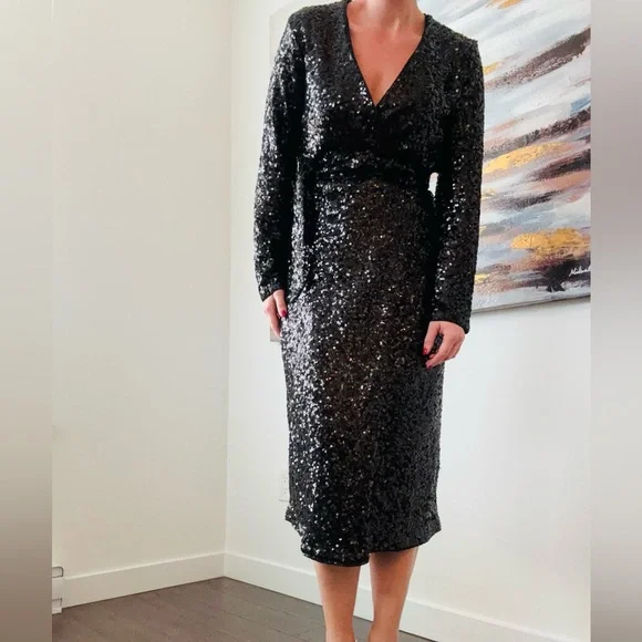 H&M Black Sequin Wrap Midi Dress M | Party Holiday Glam - Picture 3 of 16